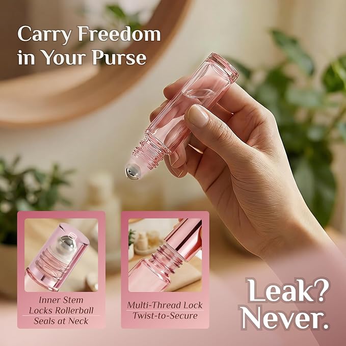 PrettyCare 4 Pack, 10 ml Essential Oil Roller Bottles with Stainless Steel Roller Ball - Refillable Leak-proof Empty Thick Pink Glass Roll on Bottles with Pink Caps for Travel, Perfume