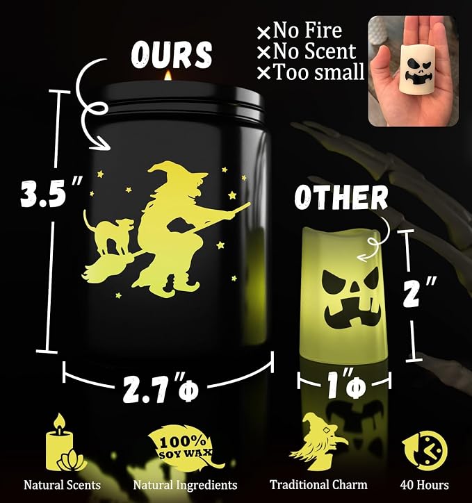 Halloween Decor Indoor-Halloween Gifts Candles for Women with LED Witch, Fall Candles with Apple Cinnamon Scent Over 40 Hours of Burn Time, Gift for Home Fall Decorations Indoor, 100% Soy Wax