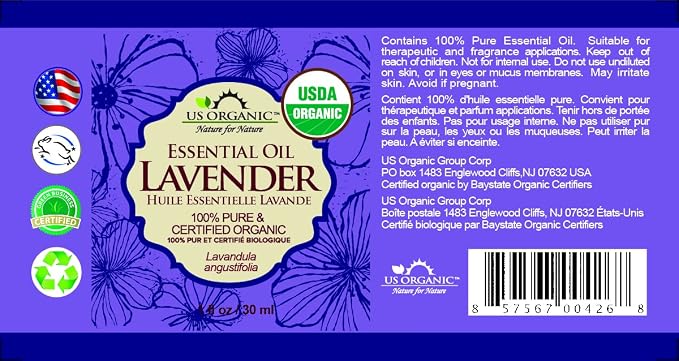 US Organic 100% Pure Lavender Essential Oil, Directly sourced from Bulgaria, USDA Certified Organic, Undiluted, for Diffuser, Humidifier, Massage, Skin, Hair Care, Non GMO, 30 ml 2 Pack
