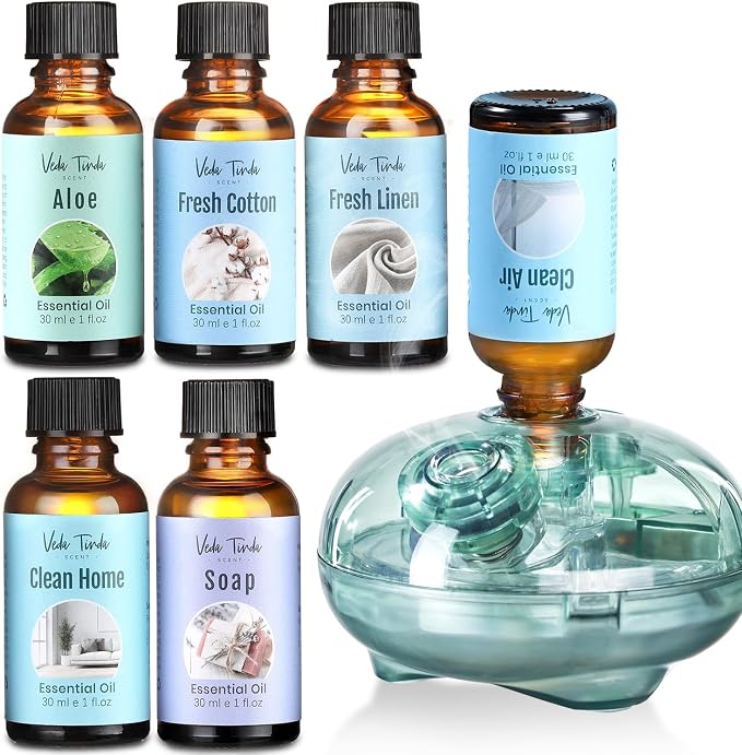 Waterless Essential Oil Diffuser Starter Kit with Clean Scent Fragrance Oils 6 x 30ml, Rechargeable Cordless Aromatherapy Diffuser for Home, Fresh Smelling Air Freshener Gift Set