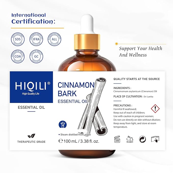 HIQILI Cinnamon Essential Oil for Spary, Diffuser, Garden and Kitchen - Indoor and Outdoor, 3.38 Fl Oz