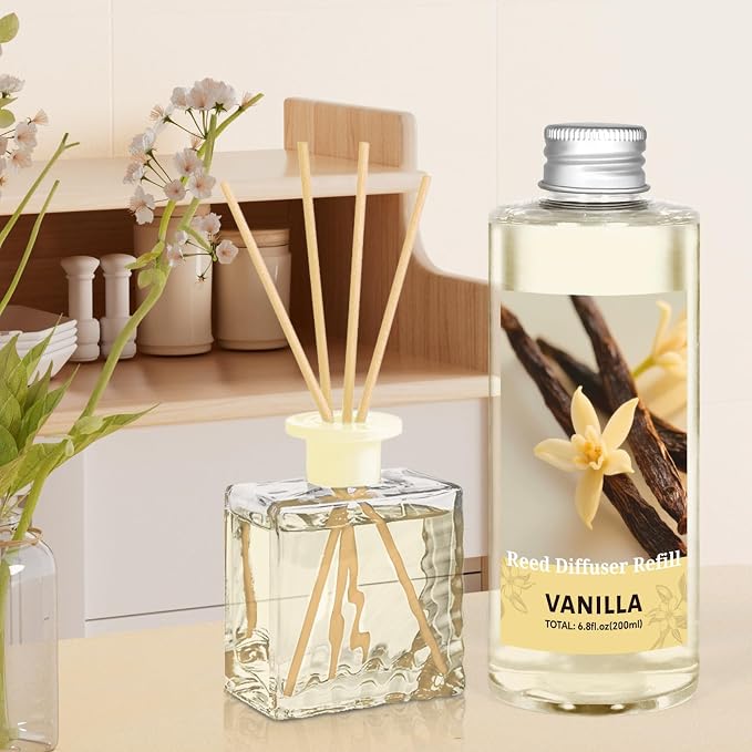 STRN Reed Diffuser Oil Refill, Vanilla Scented Diffuser Oil Refills with 6 Reed Sticks 200ML(6.8fl.oz), Room Fresheners for Home, Long-Lasting Summer Fragrance for Living Room, Bedroom, Office
