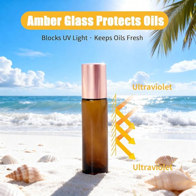 8 Pack 4 Types Roller Bottles for Essential Oils, 10ml Refillable Amber Glass Roll On Bottles with Natural Crystal Roller Balls, Leak-Proof Travel Perfume Bottle with exquisite Caps