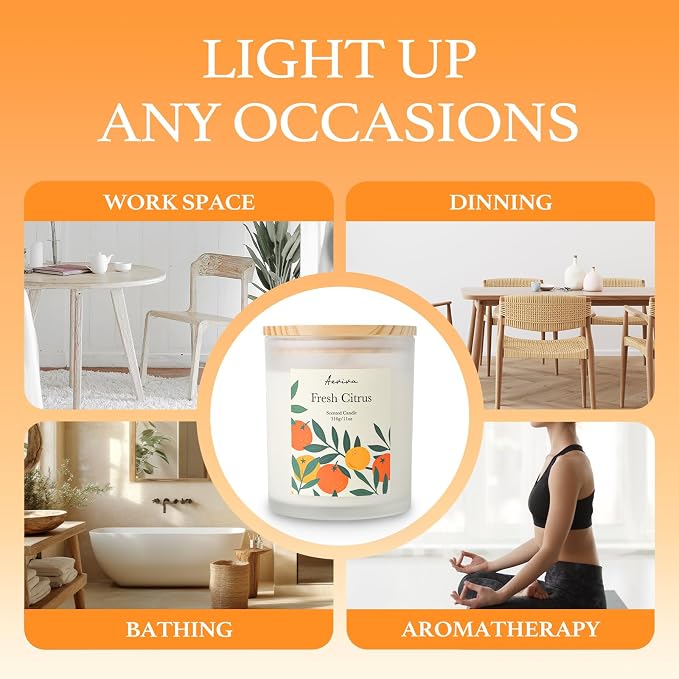 Fresh Citrus Scented Candle, 11oz 60 Hour Burn, Natural Soy Wax with Thick Cotton Wick, Highly Scented Aromatherapy Candle for Stress Relief & Meditation, Gifts for Women & Men