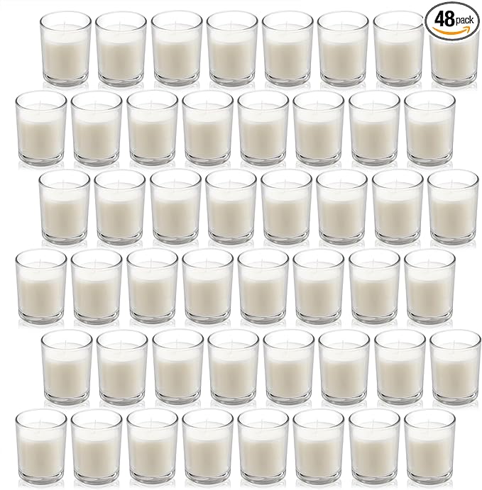 Housecret 48 Pack Warm White Unscented Clear Glass Filled Votive Candles. Hand Poured Wax Candle Ideal Gifts for Aromatherapy Spa Weddings Birthdays Holidays Party