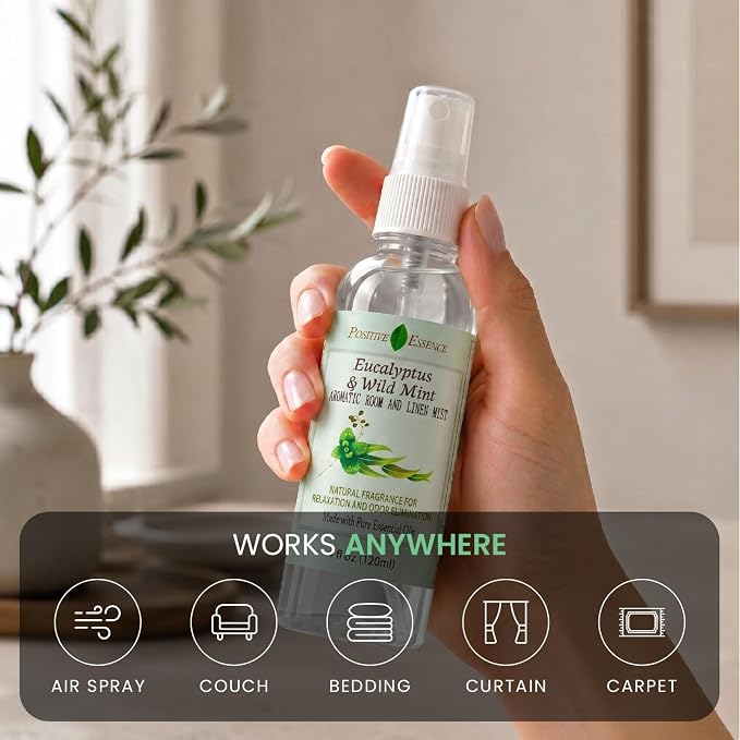 Eucalyptus & Wild Mint Room and Linen Spray, Natural Aromatic Mist Made with Pure Eucalyptus & Wild Mint Essential Oils, Refreshing Air Freshener Odor Eliminator Positive Essence