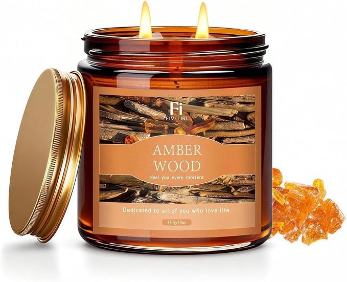 Amberwood Scented Candle, 13 oz Soy Wax Candle with Cotton Wick, 76-Hour Clean Burning, Non-Toxic Woodsy Scent for Relaxation & Focus, Aromatherapy Candle, Housewarming Gift