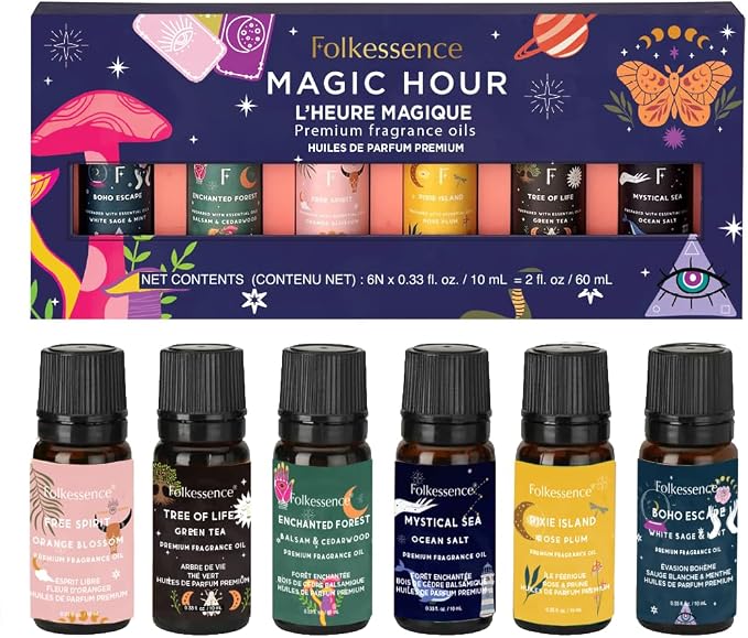 Folkulture Essential Oils Set for Diffuser | Set of 6 Fragrance Oils for Relaxation, Meditation & Wellness | Aromatherapy Scents – White Sage, Green Tea, Cedarwood, Rose, Orange & More | Magic Hour