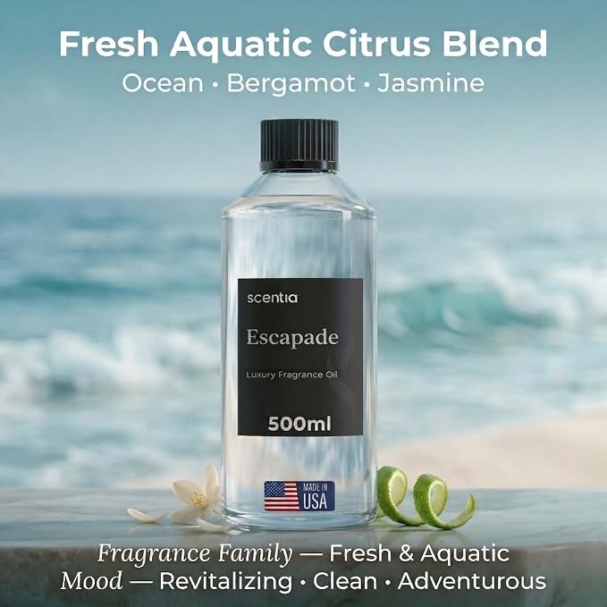 Scentia Escapade Diffuser Oil for HVAC Scent Machine – Hotel Fragrance Inspired by Ri.tz Carlton – 500 mL – Jasmine, Bergamot & Marine Oil for Commercial & Cold Air Diffusers, Made in USA