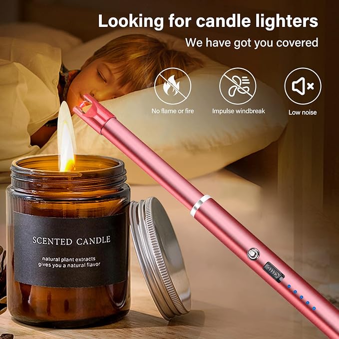 Electric Candle Lighter Windproof USB Rechargeable Flameless Long Neck Lighter for Candles Gas Stove Fireplace BBQ Kitchen Grills (Rose Pink)