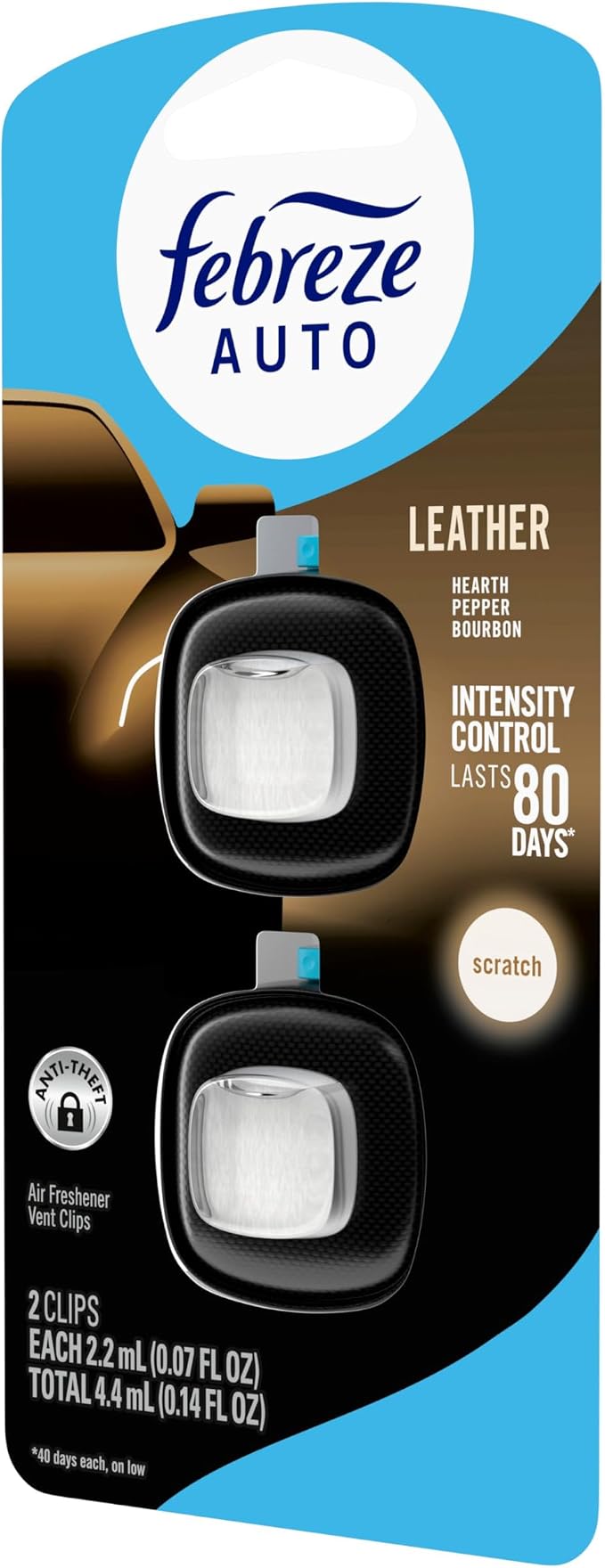 Febreze AUTO Air Freshener, Odor-Fighting Automotive Vent Clip, Scented Car Accessories, Long Lasting for Strong Odors, Leather, 2 Count