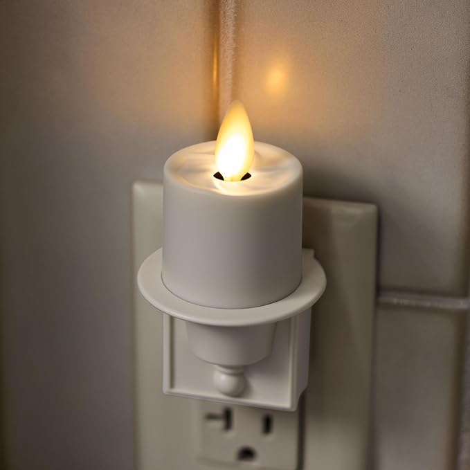 Luminara Flameless Candle Nightlight w/Dusk to Dawn Light Dark Auto Sensor, White Wall Plug Indoor Night LED Light w/Real-Flame Effect Technology, Bathroom Bedroom Hallway, No Remote Needed