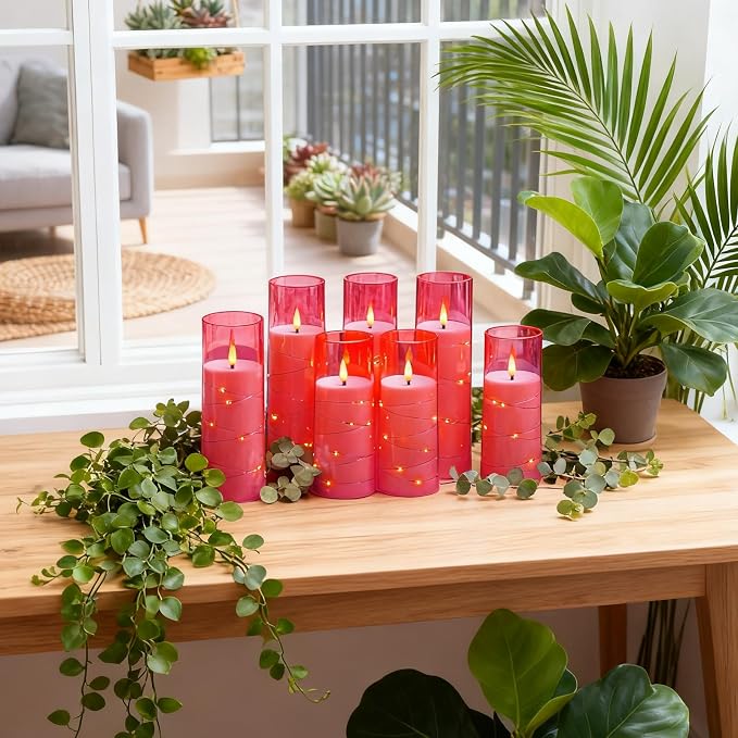 Flameless Candles,with Embedded Star String, Battery Operated Candles Flickering LED Pillar Candles with Remote Control and Timer, Home Decoration Add a Warm and Romantic Atmosphere，Set of 7 (Pink)