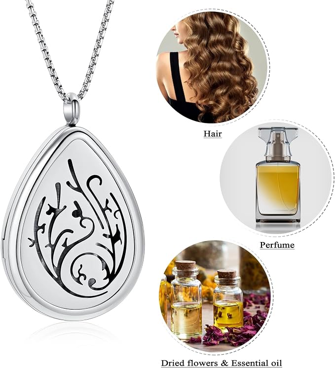 Tree of Life - Stainless Steel Teardrop Aromatherapy Essential Oil Diffuser Necklace Locket Necklace Pendant (Silver Tone)