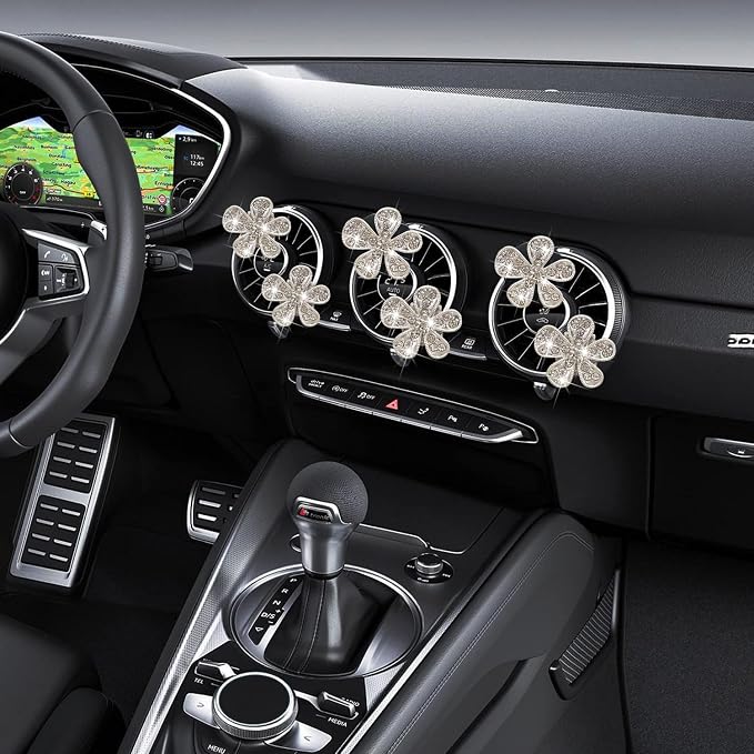 Bling Flower Air Vent Clips, 6 Pcs Cute Daisy Air Fresheners, Diffuser With Rhinestone Interior Decoration Charm, Diamond Decor Accessories for Women Girls