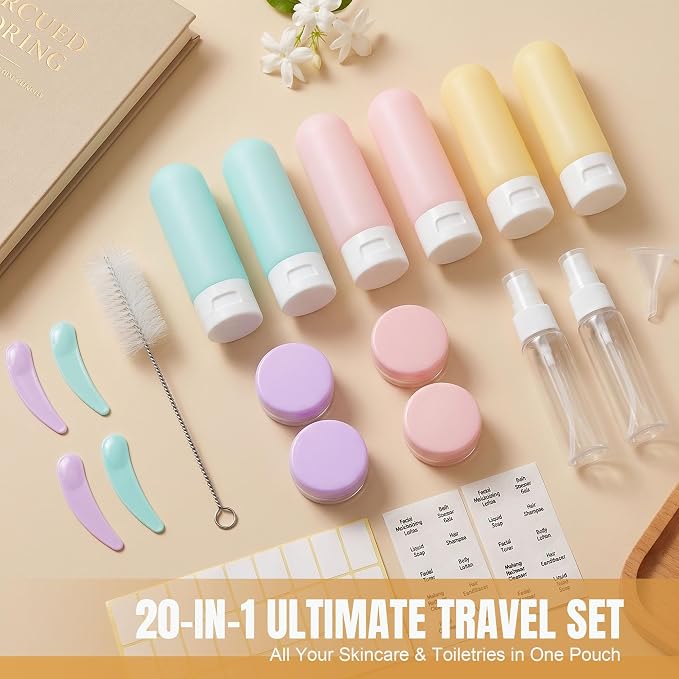 DEWSENSI 20 Pack Travel Bottles Set for Toiletries TSA Approved, Leak Proof Travel Size Containers Kit Portable Refillable Travel Accessories for Shampoo Conditioner Lotion Liquids
