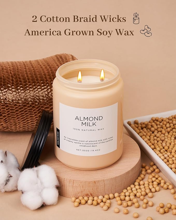 M&SENSE Almond Milk Scented Candles for Home, 19.4oz 110 Hours Long Lasting Non Toxic Natural Organic Soy Wax Relaxing Scented Candle Holiday Gift for Mom Women