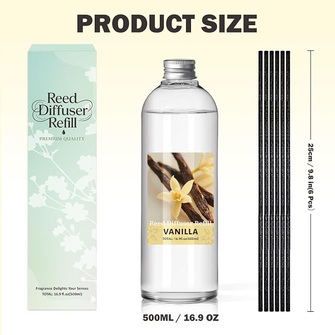 SCENTORINI Reed Diffuser Oil Refill, 16.9oz Vanilla Scented Essential Oil with 6 Sticks, Long Lasting Summer Home Fragrance for Large Space, Bathroom, Spa Room Aromatherapy, Hotel, Office Decor