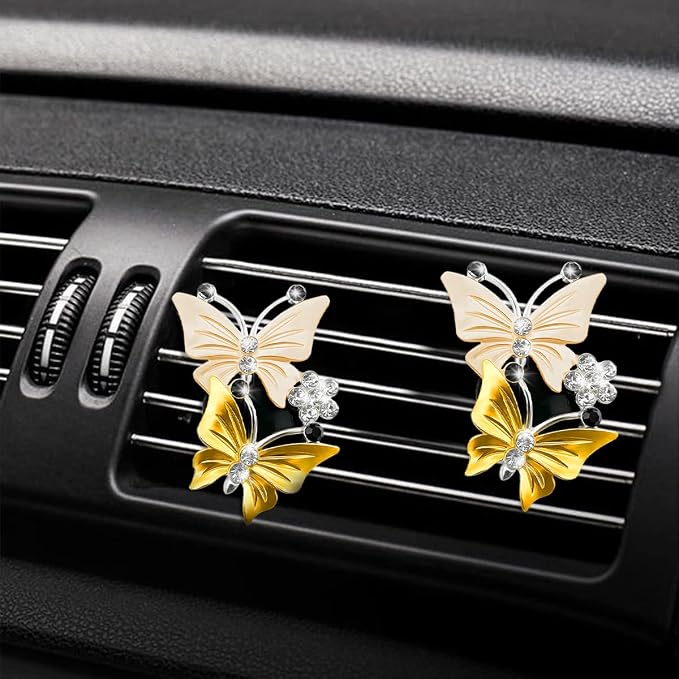 1PC Car Air Fresheners Vent Clips, Cute Dual Butterfly Diamond Rhinestone Car Vent Clip, Air Outlet Perfume Diffuser, Sparkly Bling Car Interior Decoration Accessories for Girls Women Yellow