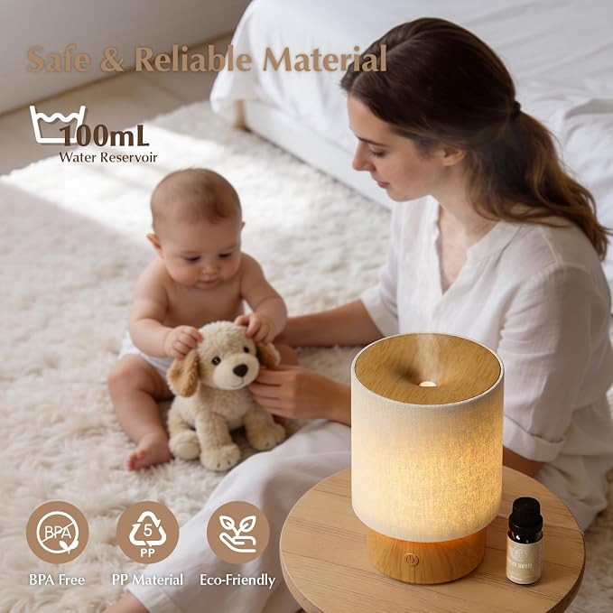 ARVIDSSON Essential Oil Diffuser with Fabric Cover, 100ml Aromatherapy Diffuser for Home, Ultrasonic Diffuser with Night Lamp and Auto Shut-Off, Scent Oil Diffusers for Bedroom
