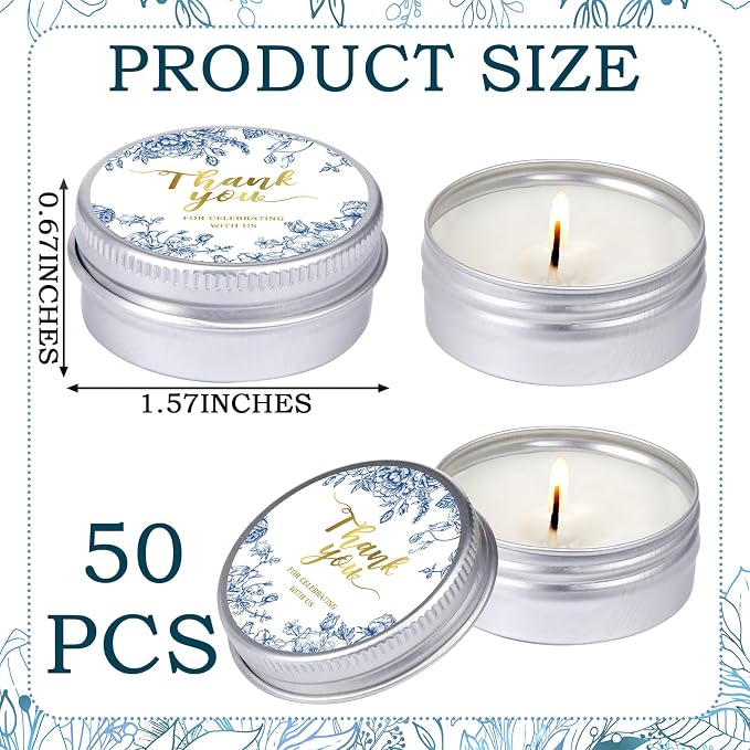 MTLEE 50 Pcs Blue Floral Wedding Candles Gift Favors for Guests 1 Oz Lavender Scented Soy Wax Aromatherapy Candle Favors for Bridal Shower Rustic Wedding Party Guests(Blue Floral)