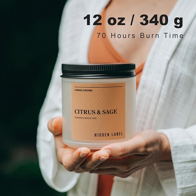 Hidden Label Citrus Sage Soy Candle, 12oz 2-Wick, 70H Focus & Calm | Non-Toxic Natural Wax, Paraben & Phthalate-Free, Clean Burn | Elegant Decor & Gift-Ready | Productivity & Stress Relief