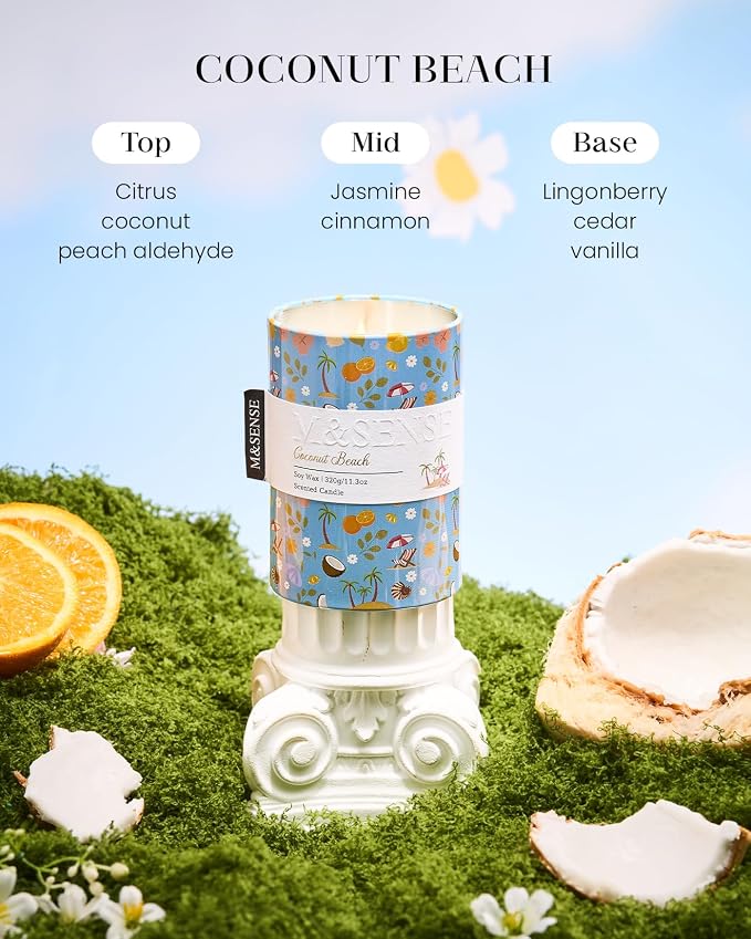 M&SENSE Summer Candle 11.3 oz, Coconut Beach Scented Candle, Non-Toxin Soy Wax for Home Scented, Ocean Candles Gift for Her, Up to 70 Hours Burning Long-Lasting Fragrance