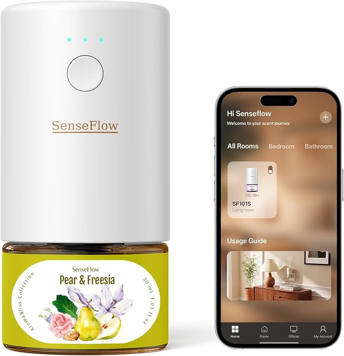 SF101S Pro Smart Plug in Air Freshener for Home, Waterless Essential Oil Diffuser, Aromatherapy Home Diffuser, 120-Day Natural Aroma Mist – Free 30ml Pear & Freesia (Yellow Orange)