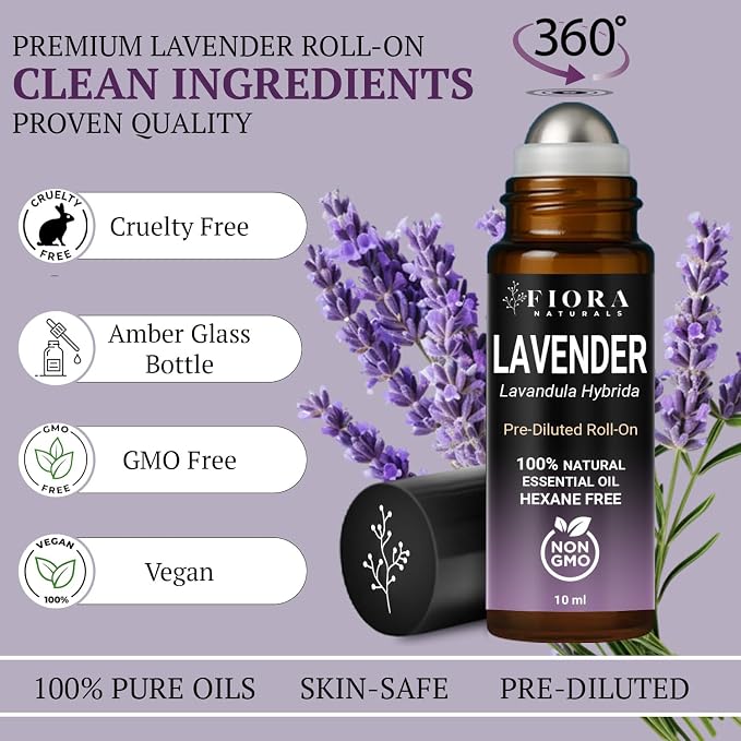 Lavender Essential Oil Roll On – Pre-diluted Calming Lavender Oil for Relaxation, Sleep & Skin Care, Aromatherapy Roller, Lavender Roller Ball, Calming Gifts for Women, Men By Fiora Naturals