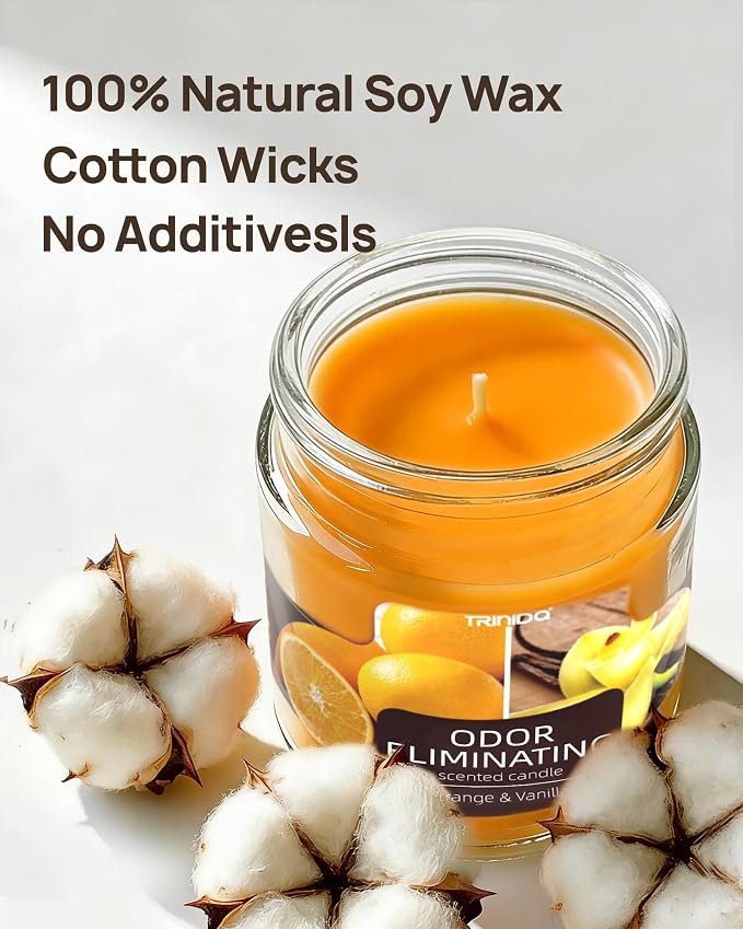 TRINIDa Orange & Vanilla Odor Eliminating Candles for Home Scented, Eliminates 99% of Pet, Smoke, Food and Other Smells Quickly, Highly Fragranced Candle, Premium Soy Candles Set for Women