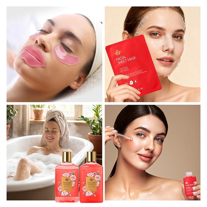 25 Pcs Mother's Day Gift, Red Rose Bath & Body Gift Basket Set for Women, Hydrating Skin Care Set, Home Spa Self Care Gifts, Cosmetic Bag, Necklace, Christmas, Birthday, Anniversary