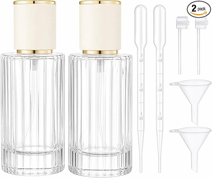 YU FENG 2 Pack Refillable Glass Spray Perfume Bottles, 100ML Clear Fine Mist Atomizer with Gold Rim & Cream Cap, Empty Portable Glass Essential Oil Spray Bottles for Travel, Home, DIY Fragrance
