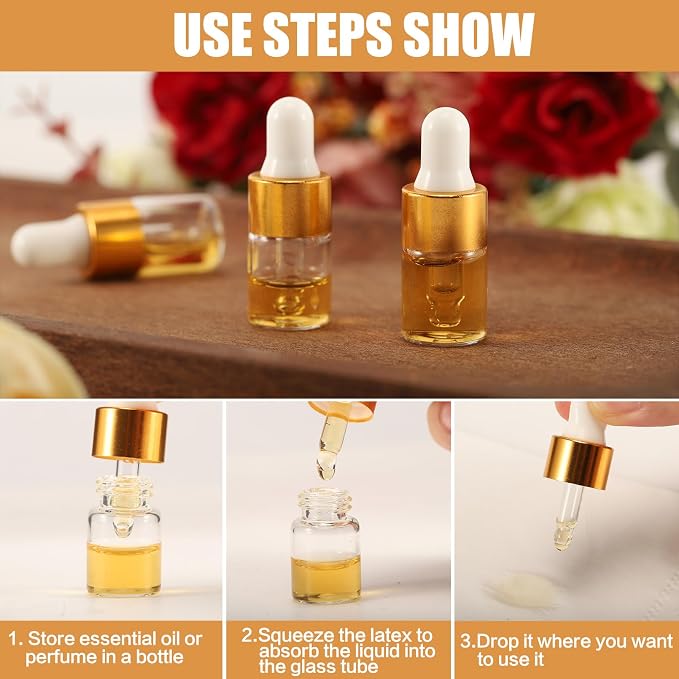 100 Pcs Sample Dropper Bottles,1ml Clear Glass Dropper Bottles,Clear Essential Small Empty Bottle for Cosmetic Liquid Perfume,Empty Travel Sample Vials with Gold Cap(1 ml,Gold)