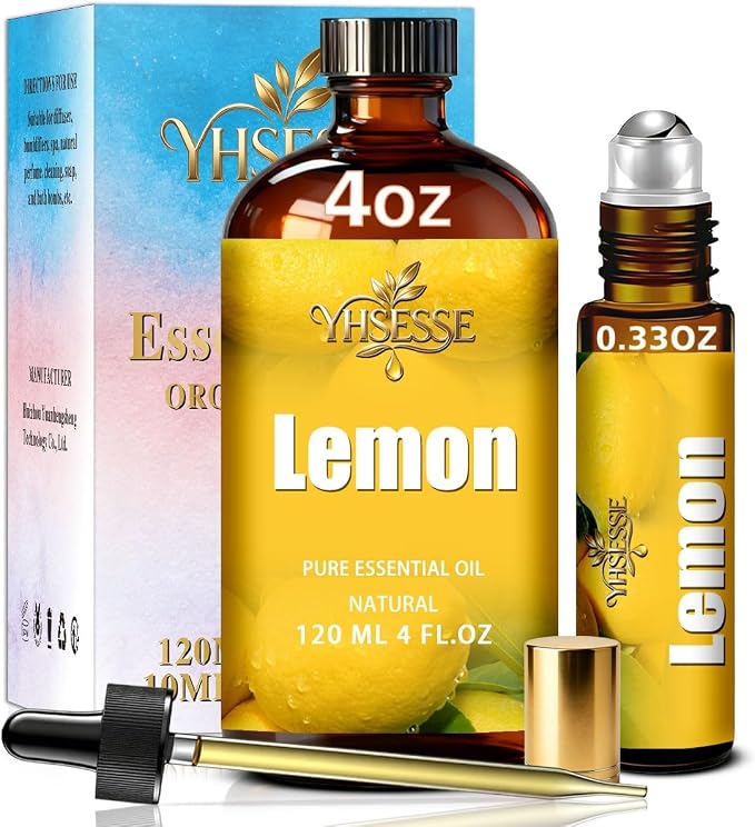 Lemon Essential Oil, Lemon Oil 4 Fl Oz 120ml for Diffuser Yoga Soap & Candle Making – with 0.33 Oz Roller Ball & Dropper YHSESSE Essential Oils