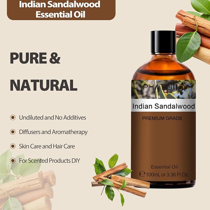 PHATOIL Indian Sandalwood Essential Oil, Pure Premium Natural Oil for Hair Care, Body Skin Care, Aromatherapy, DIY Candle, Soap Making 3.38Fl Oz