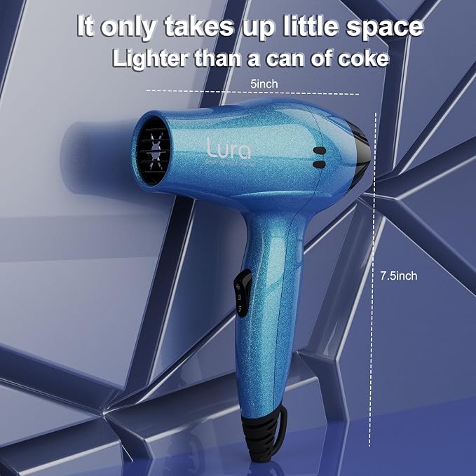 LURA Travel Hair Dryer with Diffuser,Small Dual Voltage Hair Dryers for Women,Mini Portable Blow Dryer for Men,Lightweight Compact Blow Dryer with European Plug(Blue)