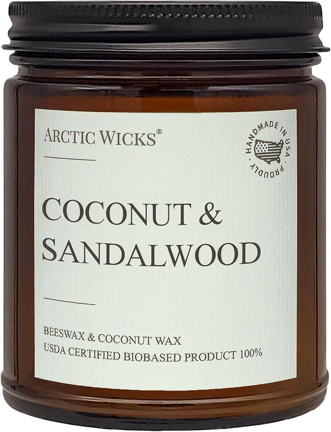 Arctic Wicks Scented Coconut Beeswax Candles | Coconut Beeswax Non Toxic Candle 9oz Amber | Farmhouse Candles Non-Toxic Clean Burn 100% USDA Certified Biobased (Coconut & Sandalwood)
