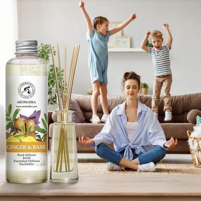 Reed Diffuser Refill Ginger & Basil 6.8 Fl Oz - Aroma Diffuser with Essential Ginger Oil - Fragrance Diffuser - Spicy and Fresh Fragrance - Natural Fragrance - Aromatherapy - Air Freshener