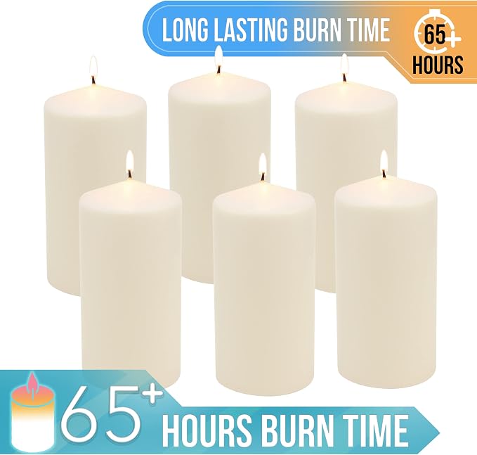Stonebriar Unscented Pillar Candles – 65 Hour Burn Time, Long-Lasting Wax Candles for Weddings, Holidays, Home Décor & Special Events, Pack of 6, Ivory, 3" x 6"