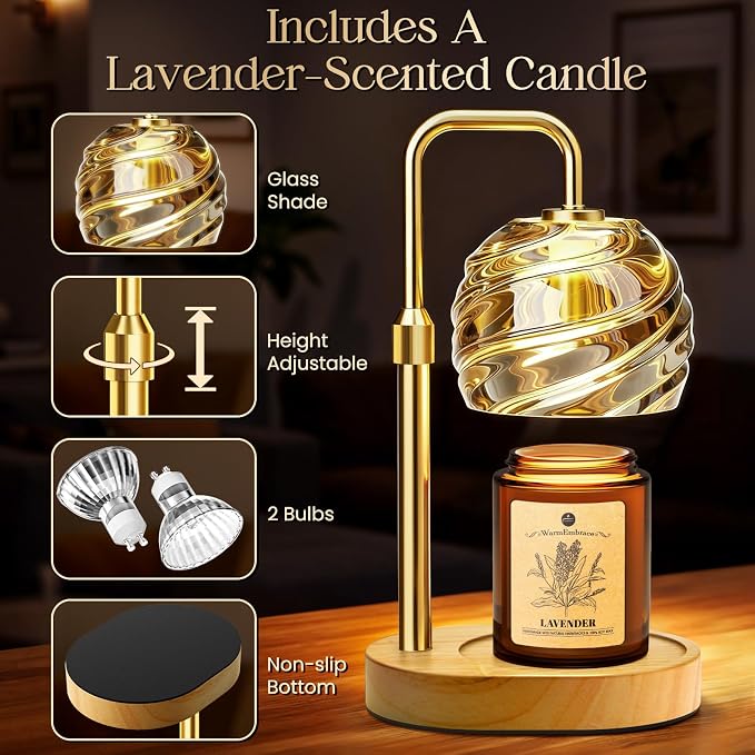 WarmEmbrace Candle Warmer Lamp with Lavender Candle Set, Electric Wax Warmer Lamp with Auto Timer & 4 Dimmable Lights, Adjustable Height for Jar Candles, Elegant Home Decor Gift for Women, Gold