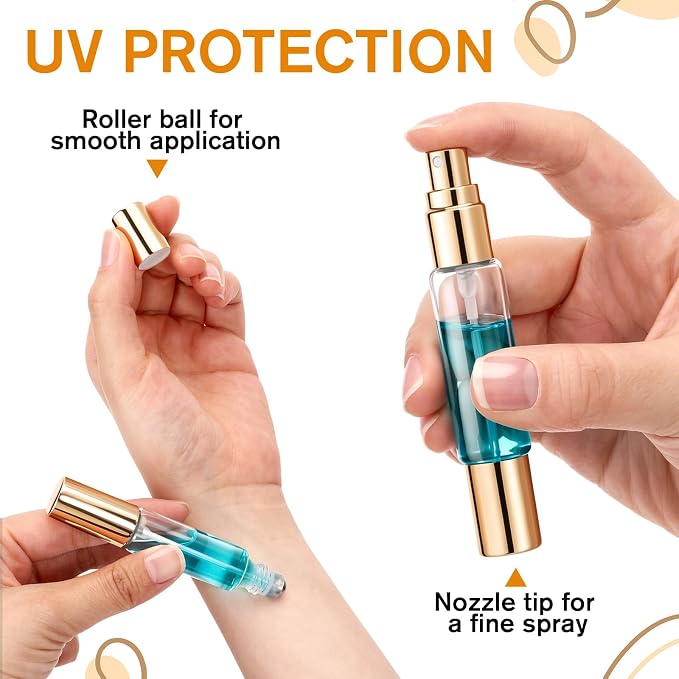 4-Pack Double-Ended Travel Perfume Bottles, 10ml Glass Roll-on & Spray Atomizer Leakproof Kit, Refillable Essential Oil Applicator with Funnel & Dropper for Fragrance, Skincare Serums