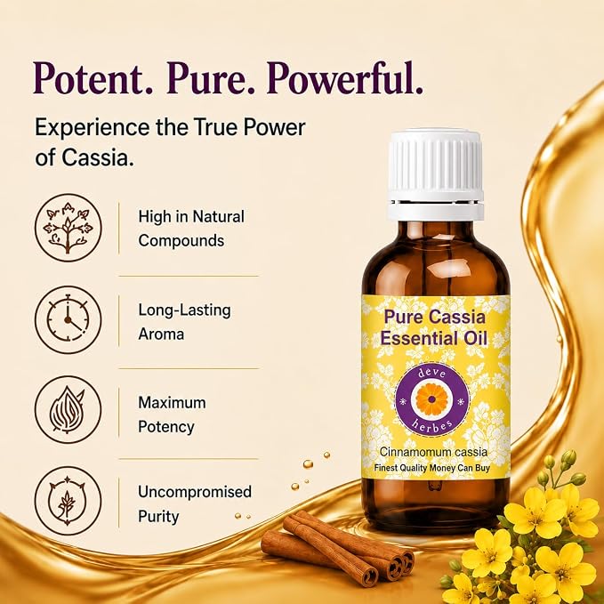 dève herbes Cassia Essential Oil (Cinnamomum Cassia) Pure | Non-Sticky | Non-Greasy | Lightweight | Men & Women | All Skin Types | Steam Distilled 30ml (1 oz)