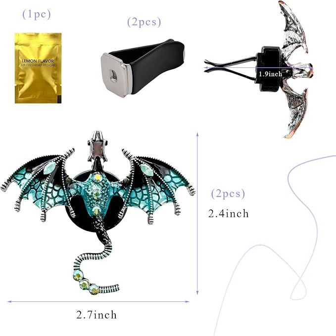 2PCS Bling Wyvern Car Air Freshener Vent Clips, Alloy Enamel Dragon Auto Outlet Clips with Fragrance Tablets, Refillable Cute Flying Dragon Crystal Vent Clip Aroma Diffuser (Blue)
