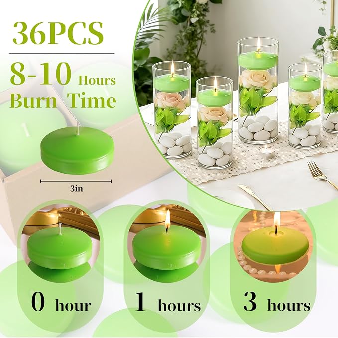 Premium Floating Candles 3 Inch,36 Pack Scented Floating Candles with Candied Citrus Fragrance, 8 Hours Long Burning Green Wax Candles for Pool Parties, Outdoor Dinners, Wedding Decor, Holiday Events