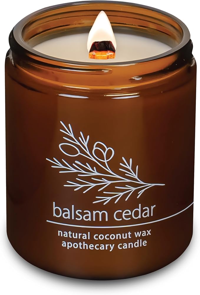 Hemlock Park Balsam Cedar Apothecary Scented Candle | Crackling Wood Wick, Botanical Fragrance & Coconut Apricot Wax | Up to 60 Hour Burn Time | 8 oz | Made in USA