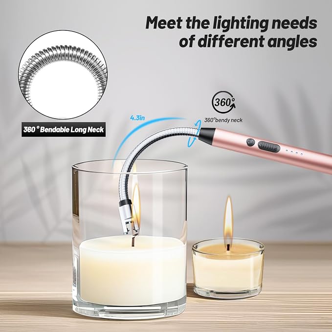 VEHHE Long Lighters Rechargeable with Safety Switch, USB C Lighter with 360° Flexible Neck, Windproof Flameless Plasma Arc Lighter with Led Battery Display for Fireworks BBQ Camping (Rose Gold)