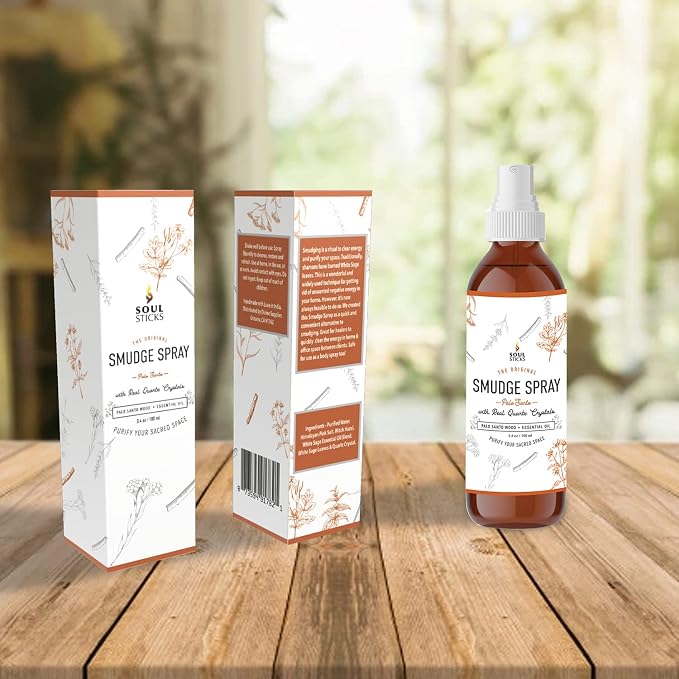 SOUL STICKS Palo Santo Smudge Spray – 3.5oz Smokeless Energy Mist with Quartz Crystals – Non-Toxic Cleansing Spray for Room, Meditation, Travel, Spiritual Rituals & Aura Purification