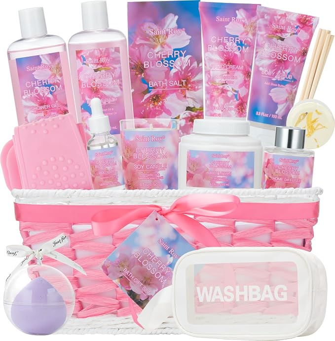 Spa Bath & Body Gift Set for Women, Large Spa Gift Set Basket for Women | Cherry Blossom Bath and Body Gift, spa kit Self Care Pampering Kit, Diffuser, Home Spa, cosmetic Bag, Birthday, Bridal Shower