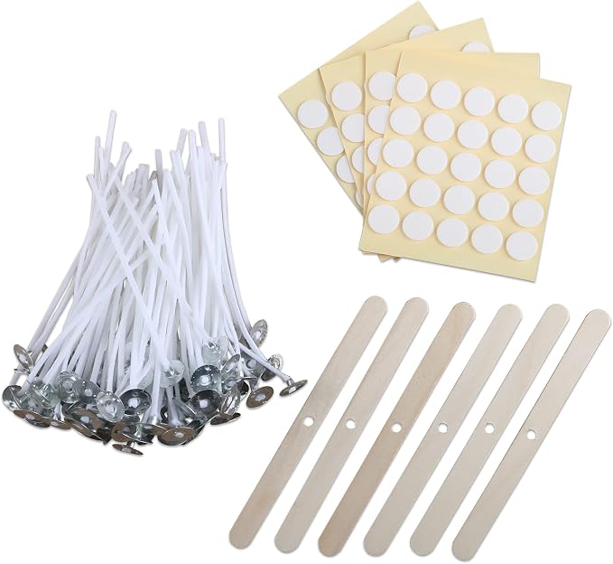 MILIVIXAY 3.5" Candle Wick Bundle: 100PCS Candle Wicks, 100PCS Candle Wick Stickers and 6PCS Wooden Candle Wick Holders - Wicks Coated with Paraffin Wax, Cotton Wicks Kits for Candle Making.