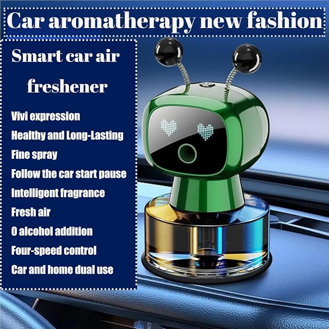 Robot Intelligent Aromatherapy Machine, Smart Cute Robot Car Air Freshener - Fine Spray/Fillable/Four-Gear Adjustment/Vibration Sensing/On-Off/Large Capacity Long-Lasting Fragrance/Green-V2(Gardenia)